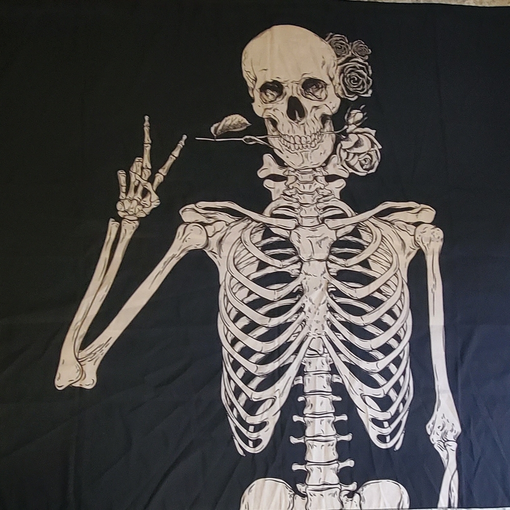 Halloween Decor, Skeleton Tapestry with Roses in Black and Cream